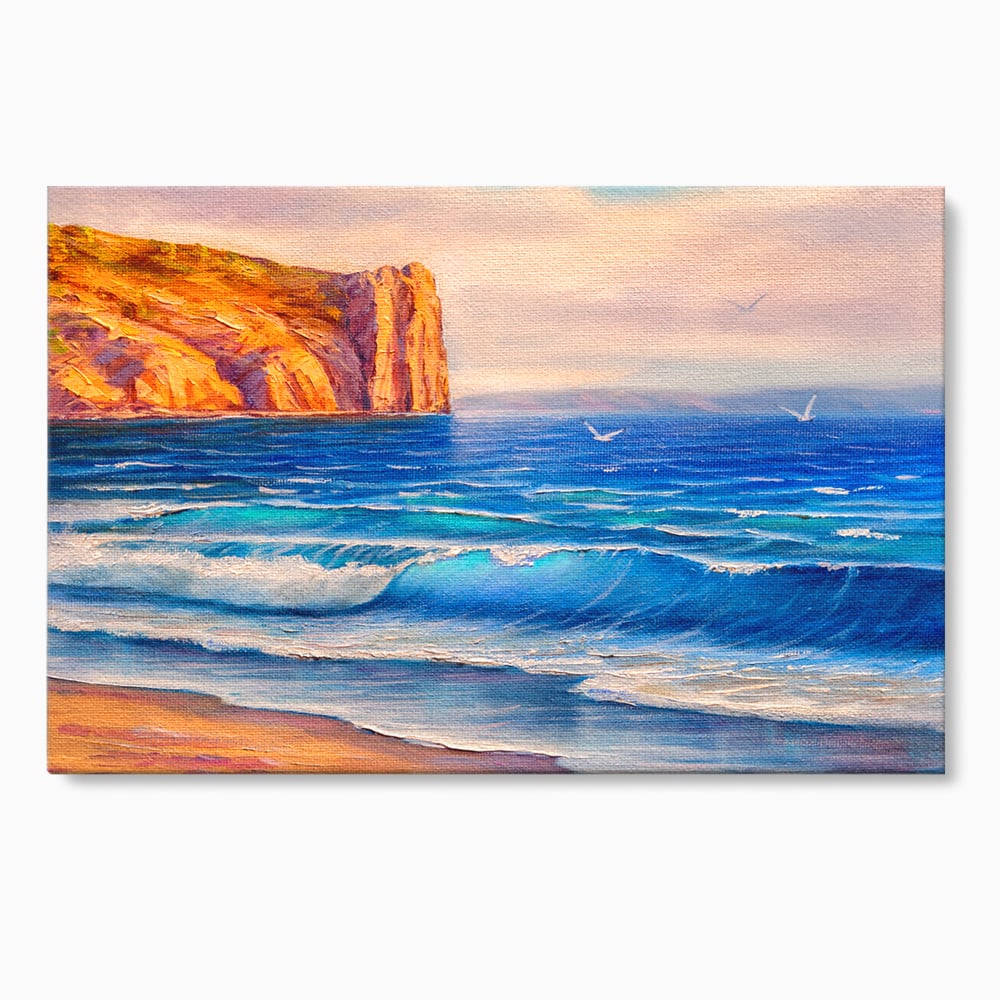 Tablou canvas cu pictura cu stanca pe malul marii, fara rama, pe sasiu de lemn